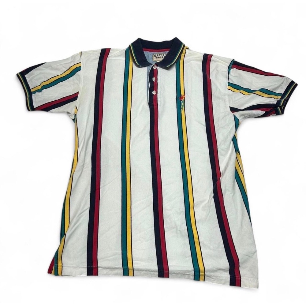 Cotton Traders Mens Multi Color Vertical Stripe Short Sleeve Polo Shirt Size M